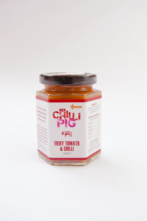 180mL jar of Fiery Tomato & Chilli Sauce against a white background